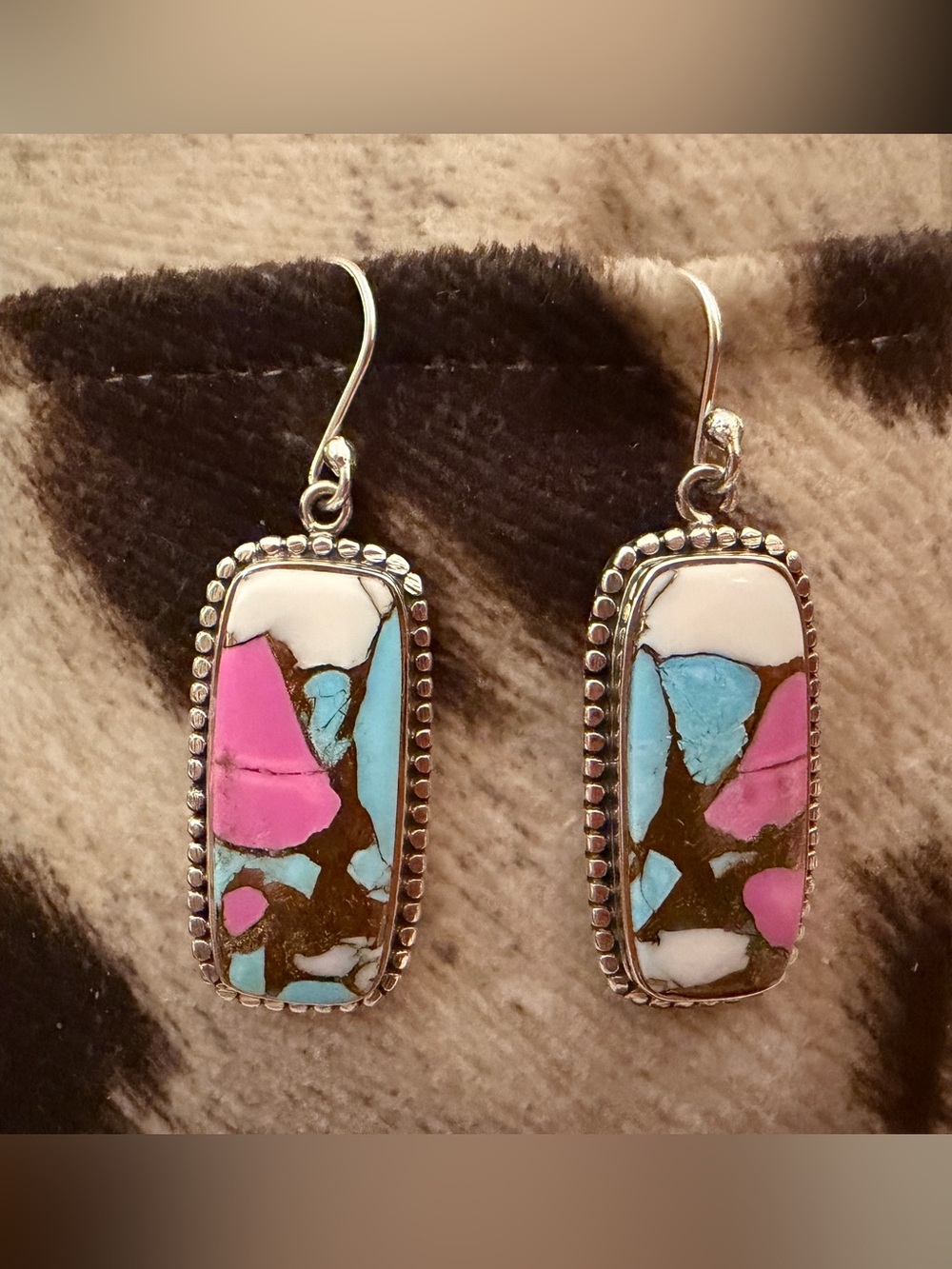 ❤️ Cotton Candy Turquoise Navajo Style Sterling Statement Dangle Earrings 1.77”L - Picture 7 of 12